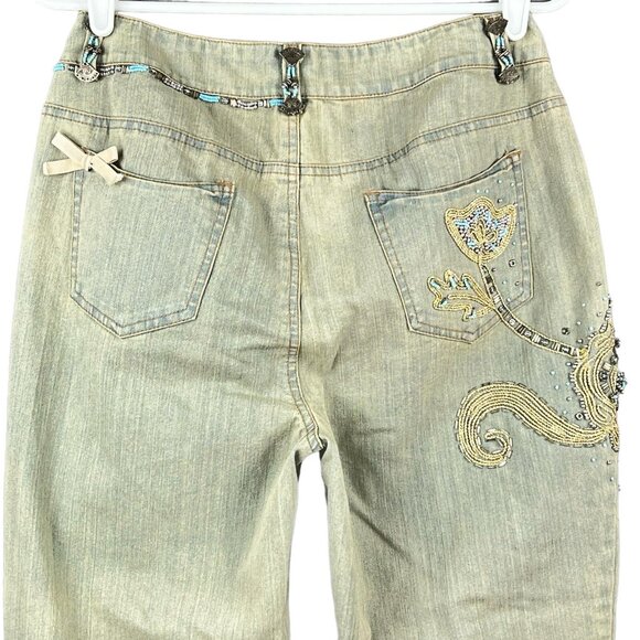 Chagall Women's Beaded Embellished Tan Crop Jeans Size 8 Cuffed Stretch Mid Rise - Picture 4 of 12
